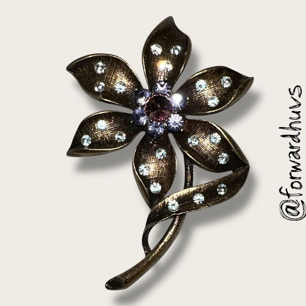 Vintage Gold Tone Flower Brooch – Pink with Purple and White Rhinestone